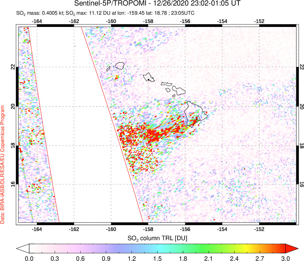 A sulfur dioxide image over Hawaii, USA on Dec 26, 2020.