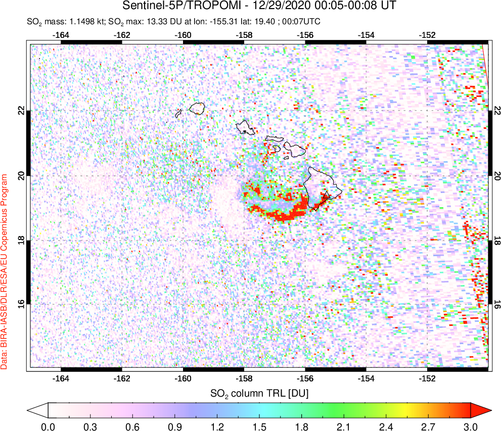 A sulfur dioxide image over Hawaii, USA on Dec 29, 2020.