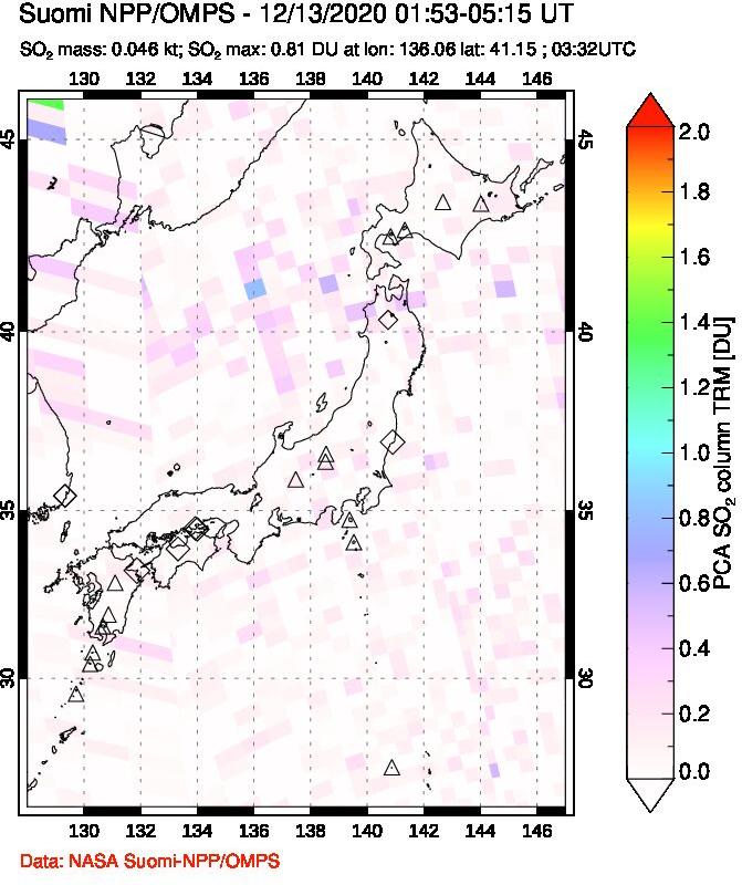 A sulfur dioxide image over Japan on Dec 13, 2020.