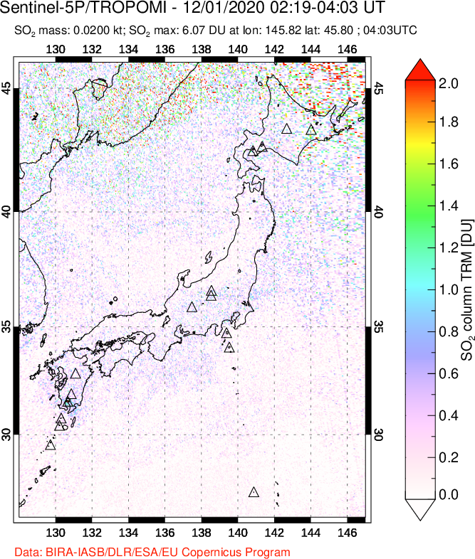 A sulfur dioxide image over Japan on Dec 01, 2020.