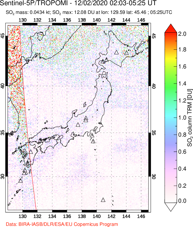 A sulfur dioxide image over Japan on Dec 02, 2020.