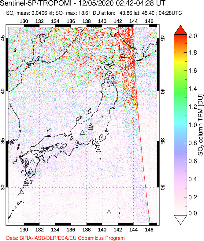A sulfur dioxide image over Japan on Dec 05, 2020.