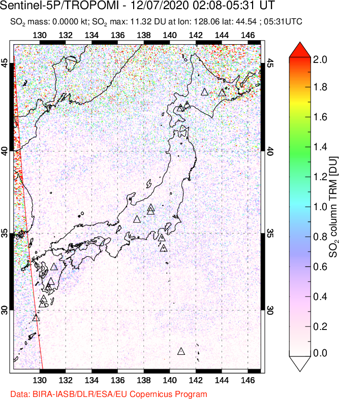 A sulfur dioxide image over Japan on Dec 07, 2020.