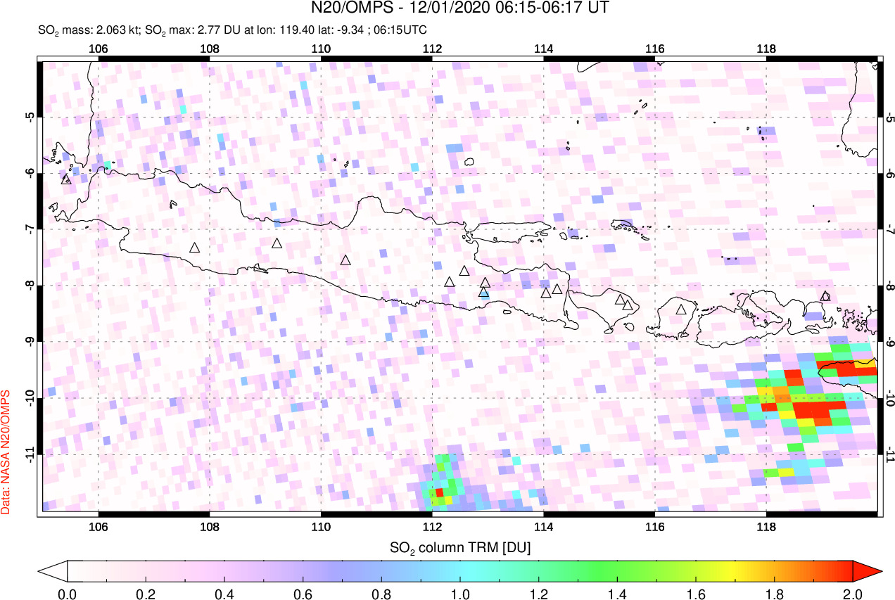 A sulfur dioxide image over Java, Indonesia on Dec 01, 2020.