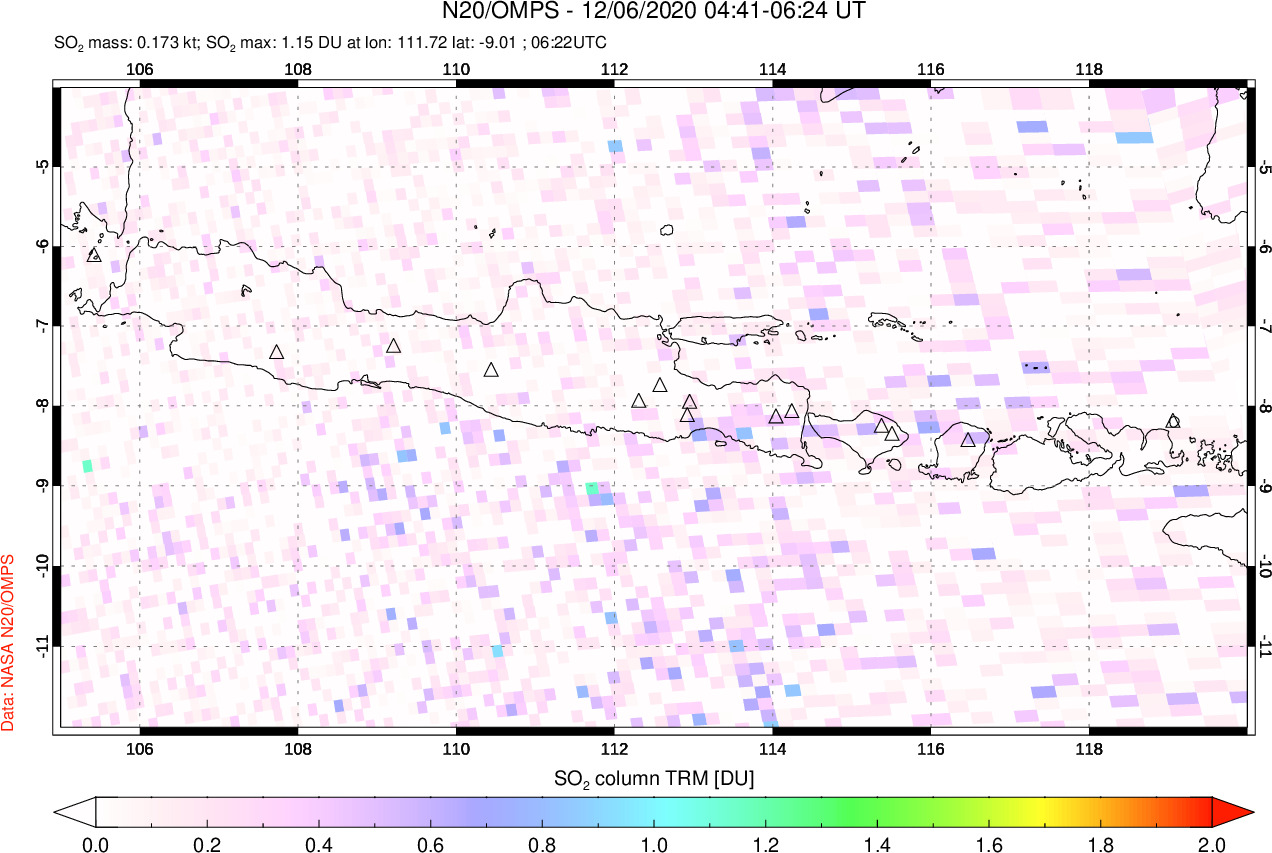A sulfur dioxide image over Java, Indonesia on Dec 06, 2020.