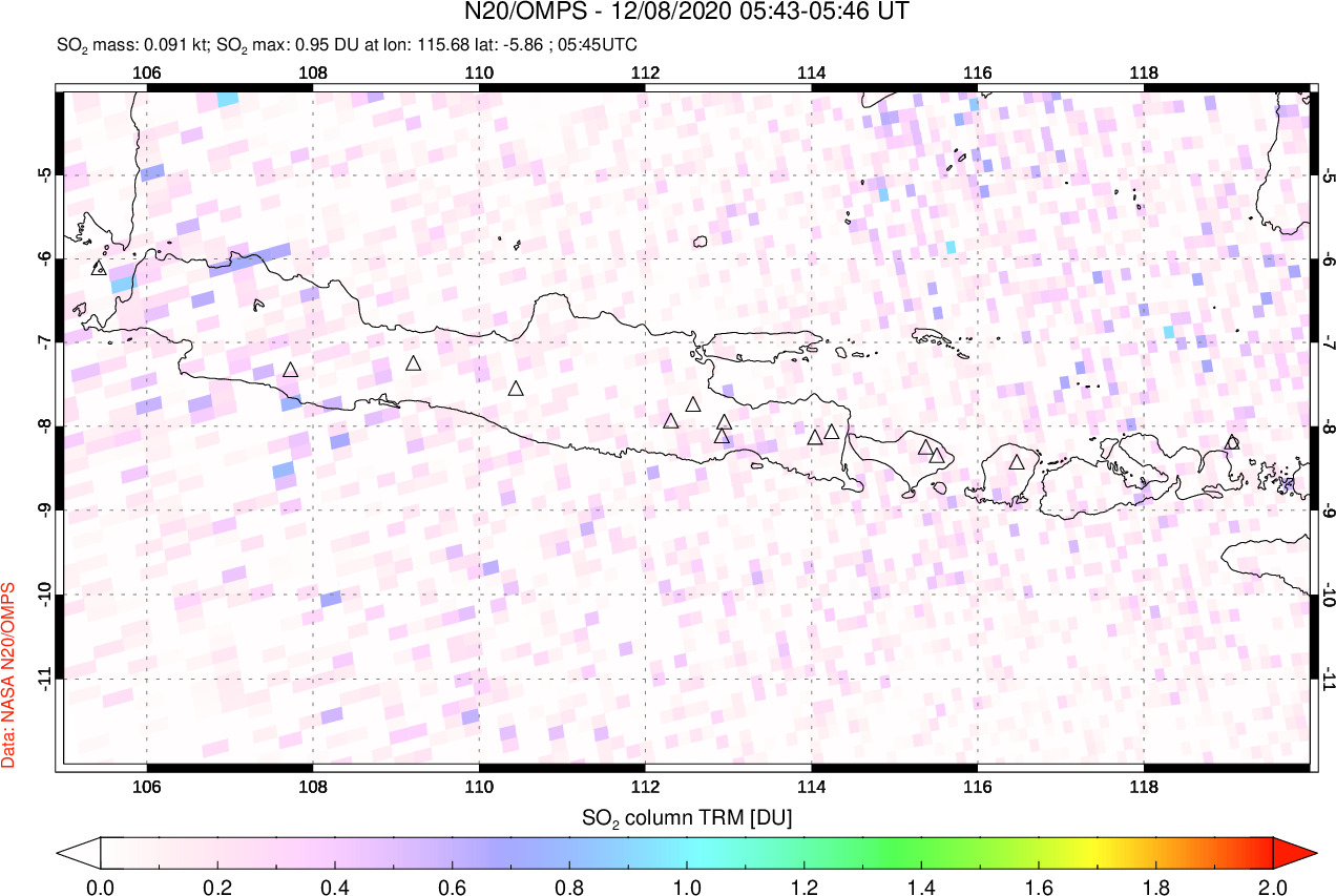 A sulfur dioxide image over Java, Indonesia on Dec 08, 2020.