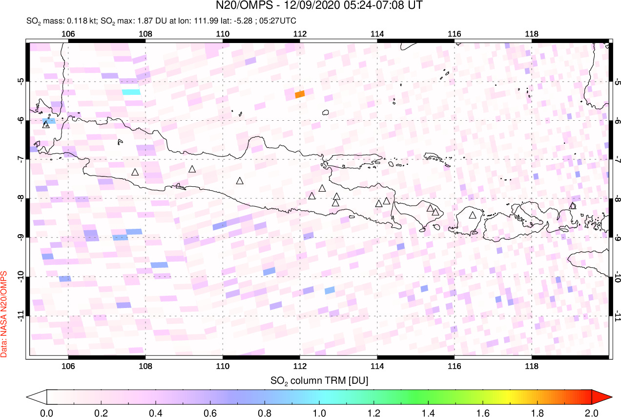 A sulfur dioxide image over Java, Indonesia on Dec 09, 2020.