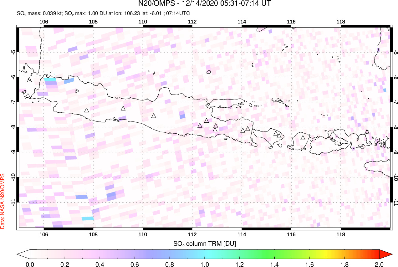 A sulfur dioxide image over Java, Indonesia on Dec 14, 2020.
