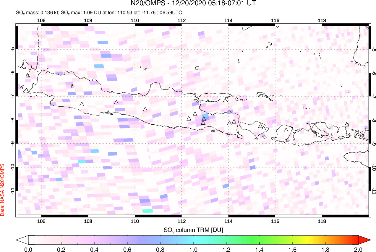 A sulfur dioxide image over Java, Indonesia on Dec 20, 2020.