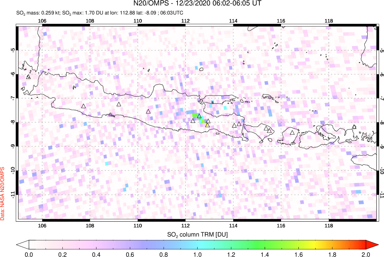 A sulfur dioxide image over Java, Indonesia on Dec 23, 2020.