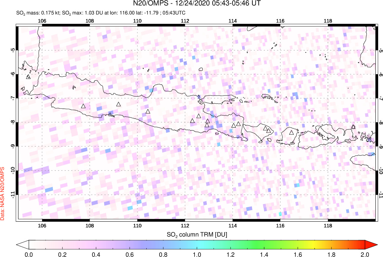 A sulfur dioxide image over Java, Indonesia on Dec 24, 2020.