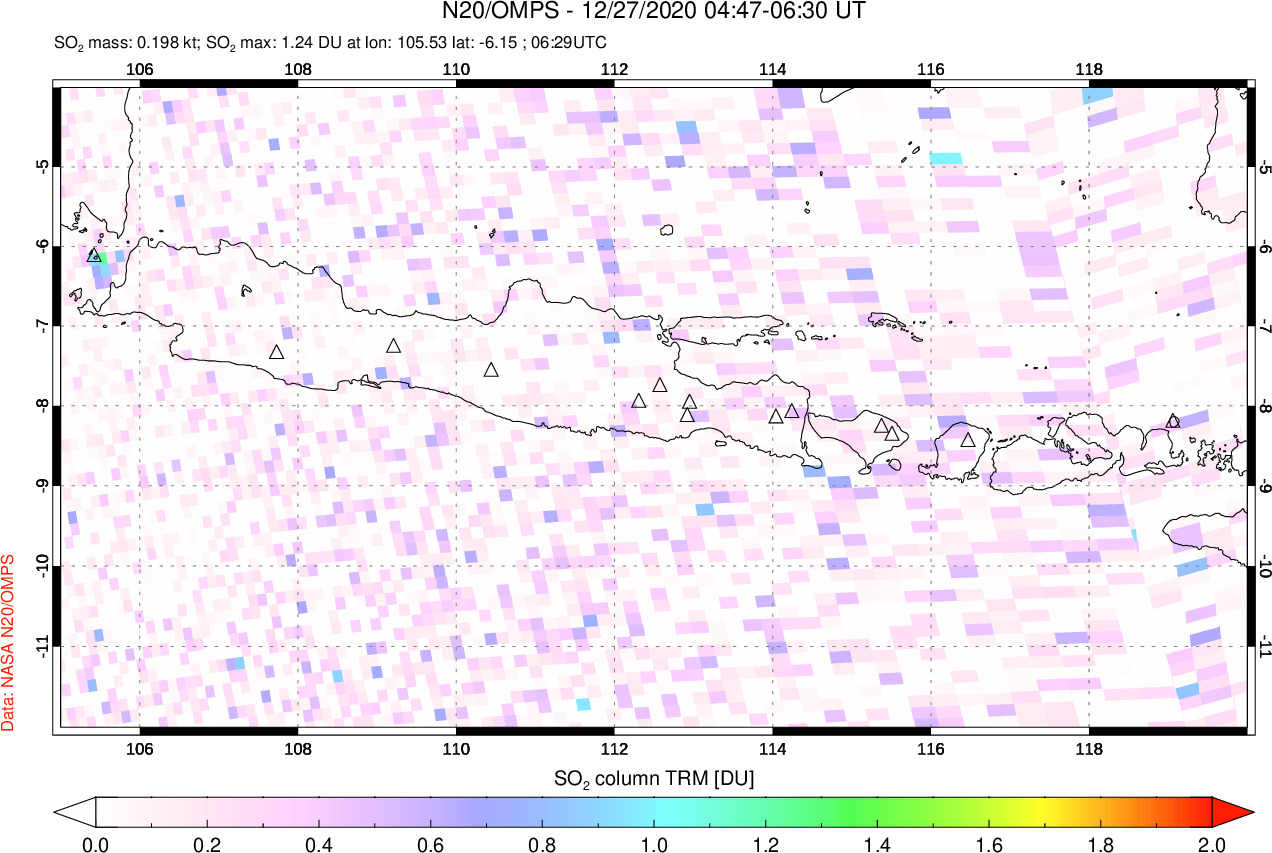 A sulfur dioxide image over Java, Indonesia on Dec 27, 2020.