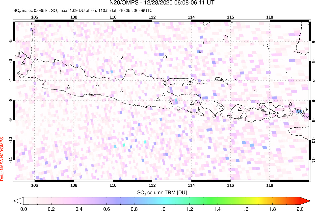 A sulfur dioxide image over Java, Indonesia on Dec 28, 2020.