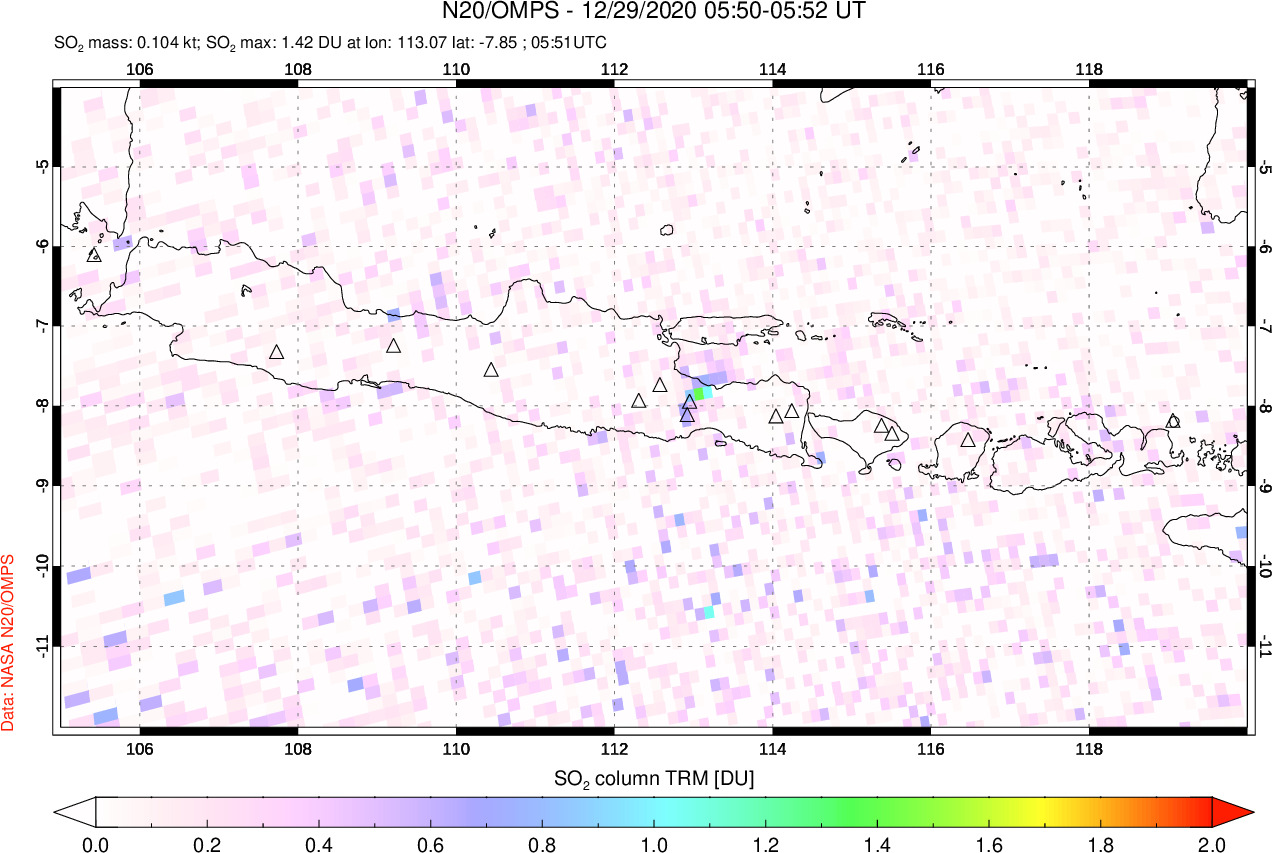 A sulfur dioxide image over Java, Indonesia on Dec 29, 2020.