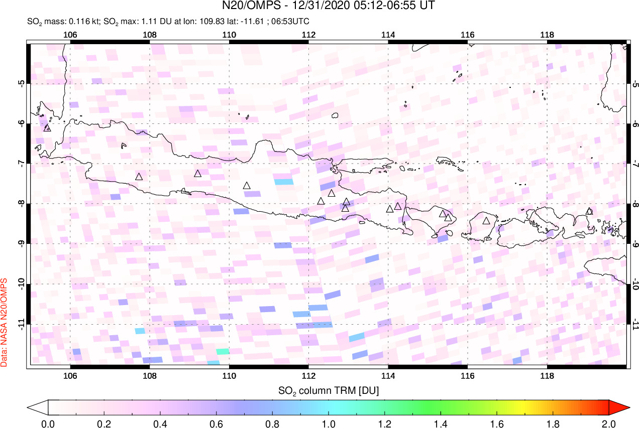 A sulfur dioxide image over Java, Indonesia on Dec 31, 2020.