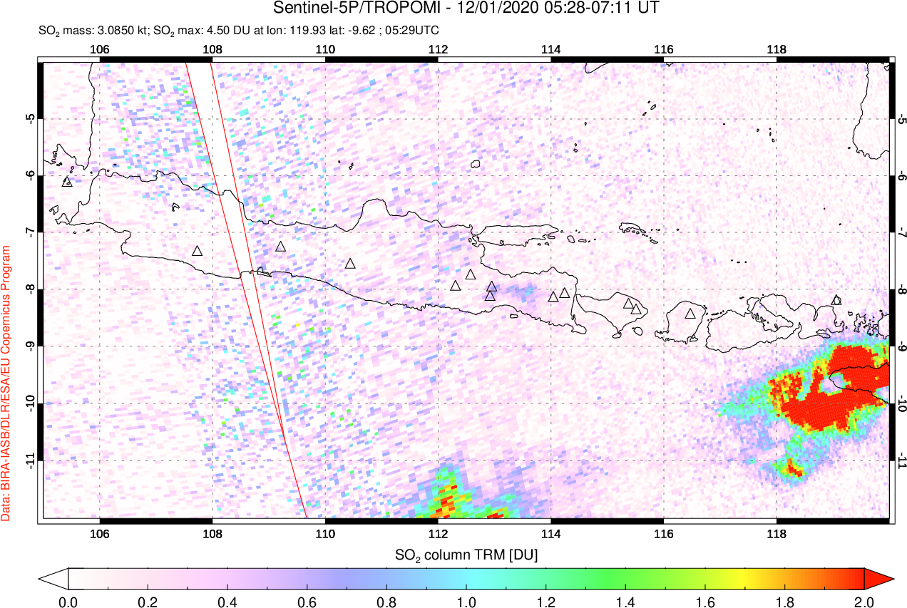 A sulfur dioxide image over Java, Indonesia on Dec 01, 2020.