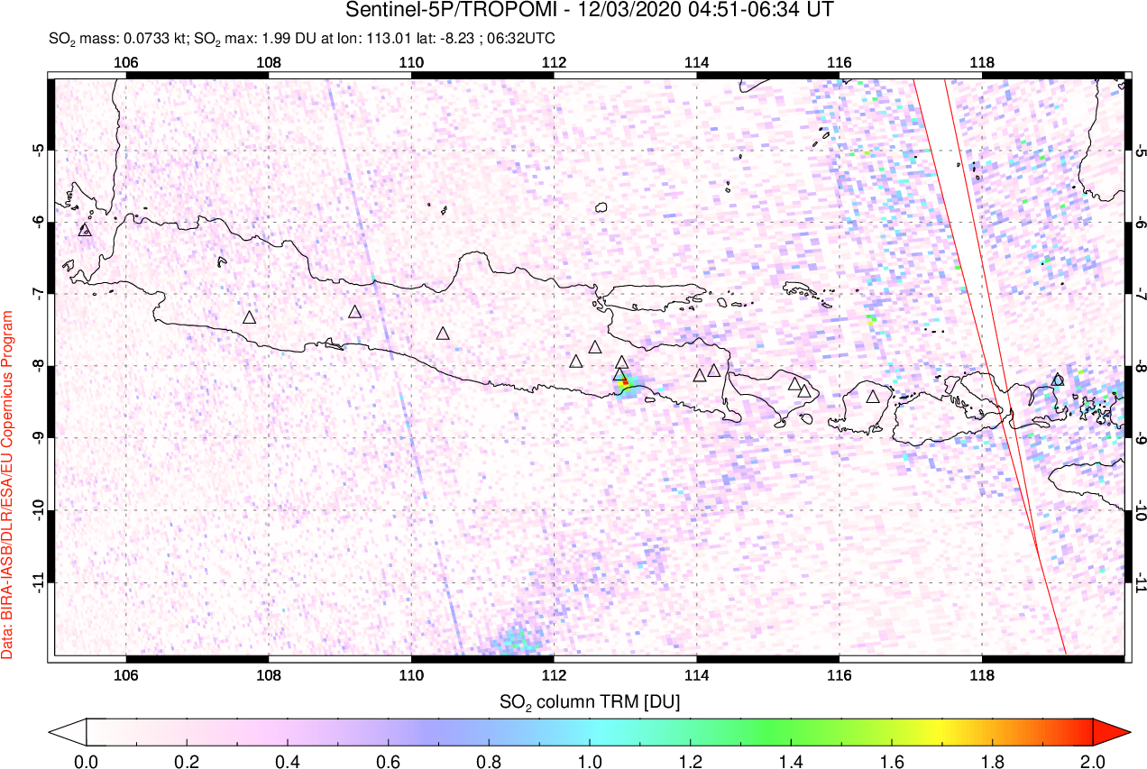 A sulfur dioxide image over Java, Indonesia on Dec 03, 2020.