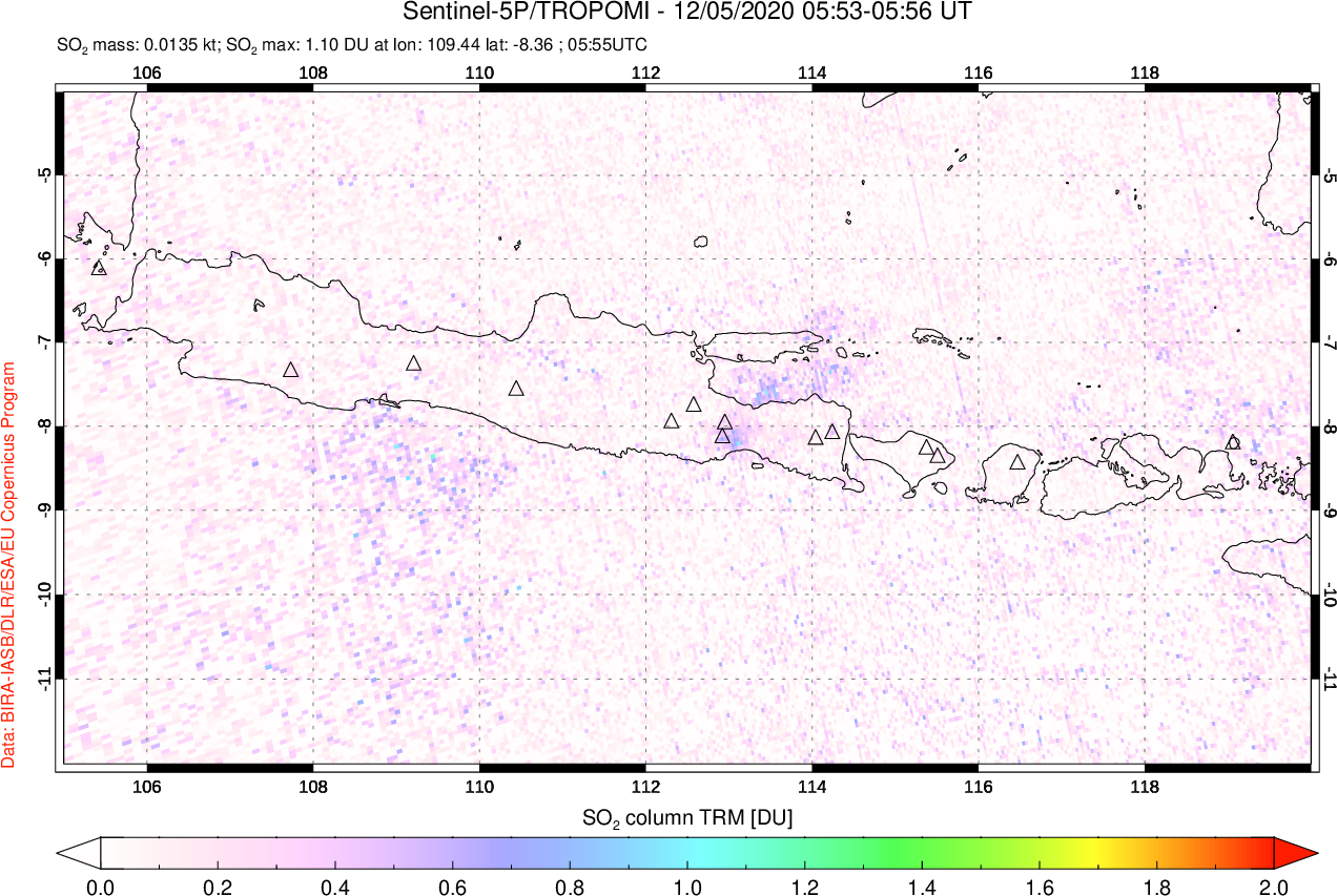 A sulfur dioxide image over Java, Indonesia on Dec 05, 2020.
