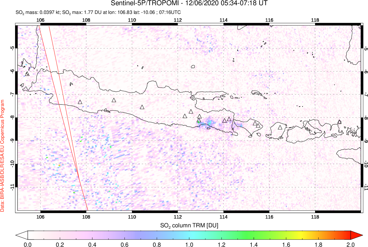 A sulfur dioxide image over Java, Indonesia on Dec 06, 2020.
