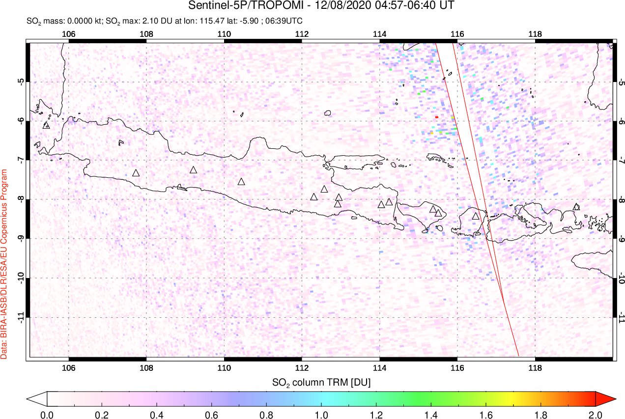 A sulfur dioxide image over Java, Indonesia on Dec 08, 2020.