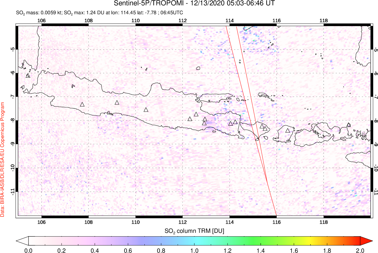 A sulfur dioxide image over Java, Indonesia on Dec 13, 2020.