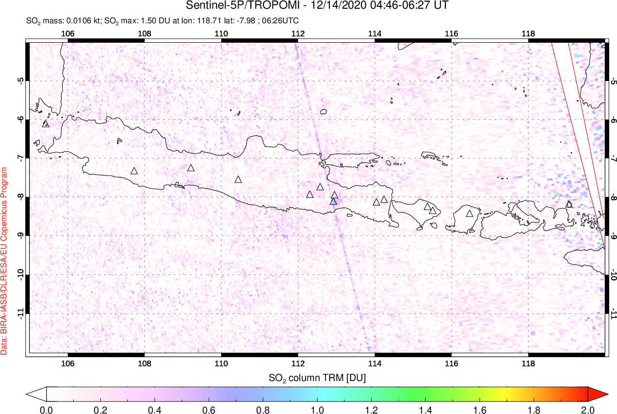 A sulfur dioxide image over Java, Indonesia on Dec 14, 2020.