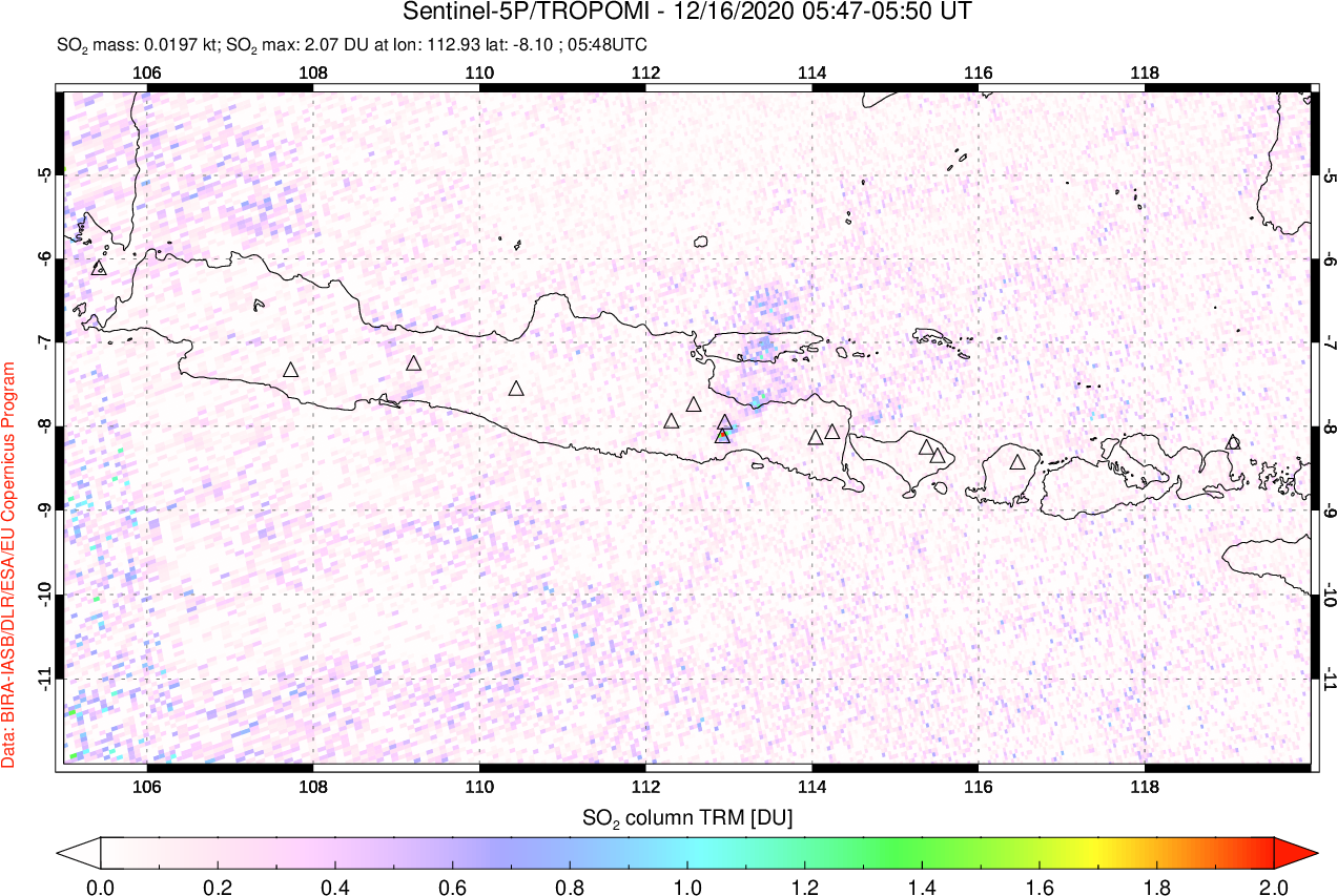 A sulfur dioxide image over Java, Indonesia on Dec 16, 2020.