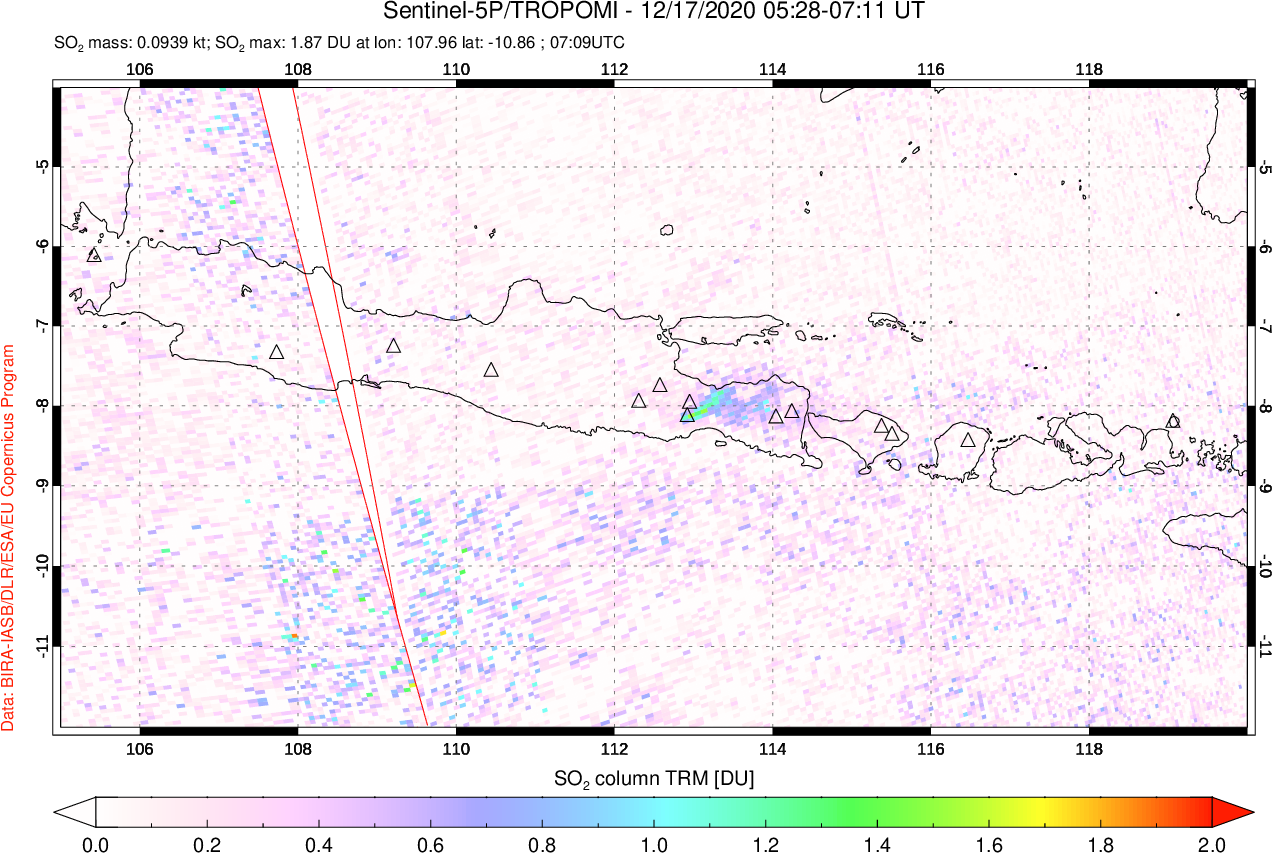 A sulfur dioxide image over Java, Indonesia on Dec 17, 2020.