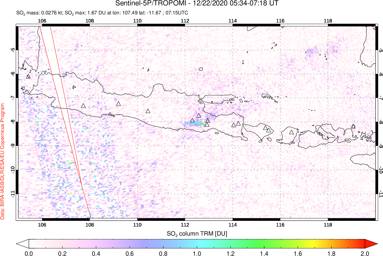 A sulfur dioxide image over Java, Indonesia on Dec 22, 2020.