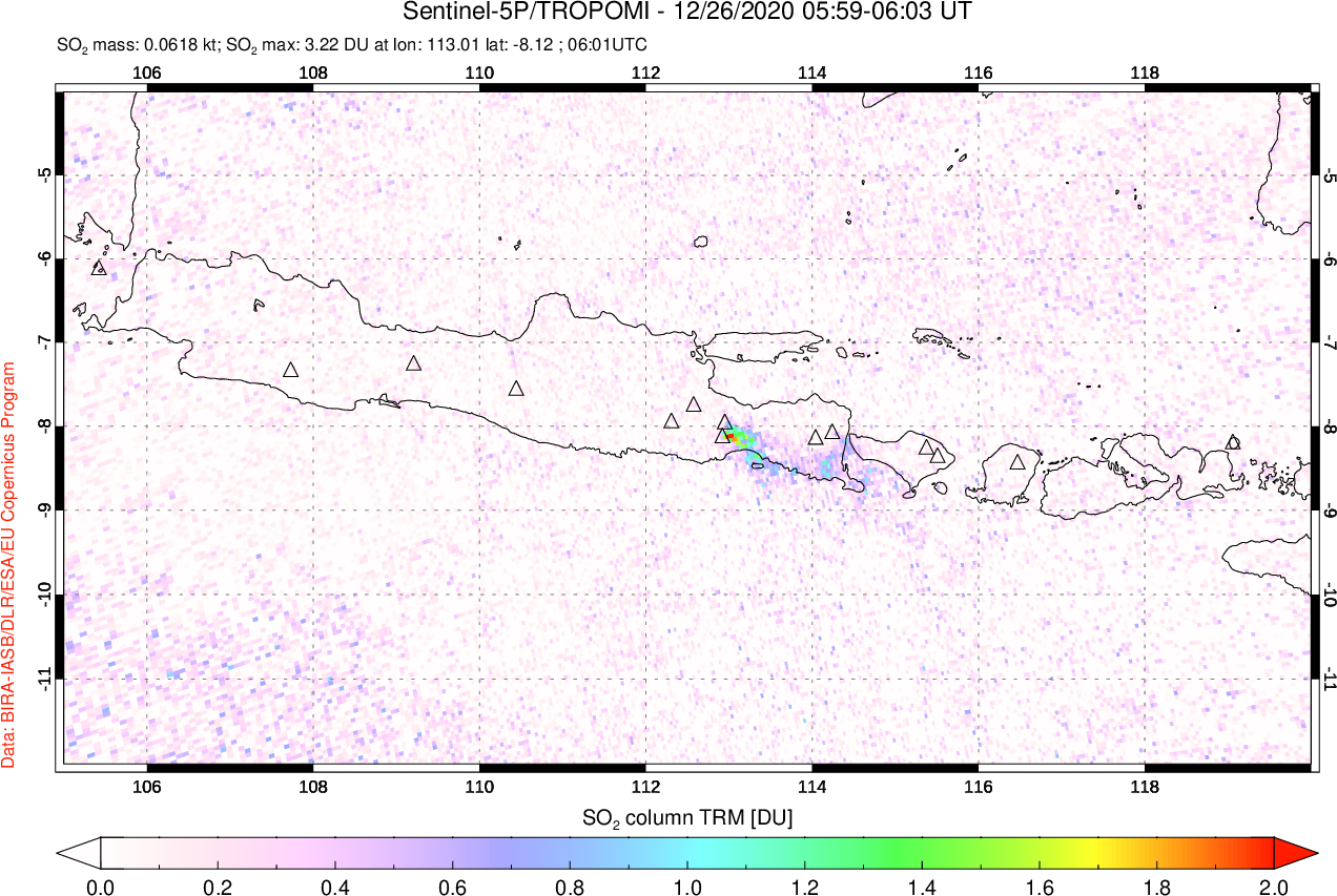 A sulfur dioxide image over Java, Indonesia on Dec 26, 2020.