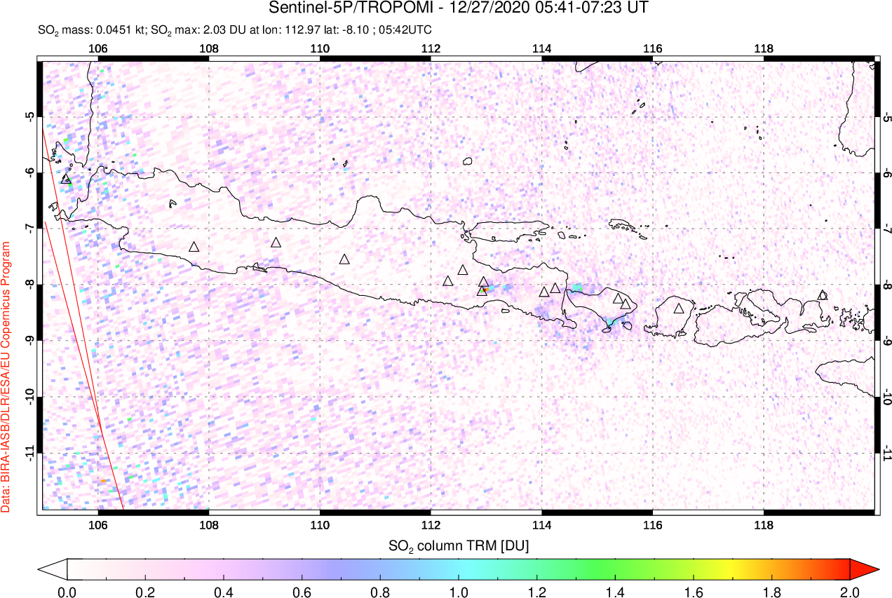 A sulfur dioxide image over Java, Indonesia on Dec 27, 2020.