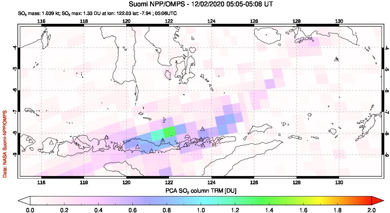 A sulfur dioxide image over Lesser Sunda Islands, Indonesia on Dec 02, 2020.