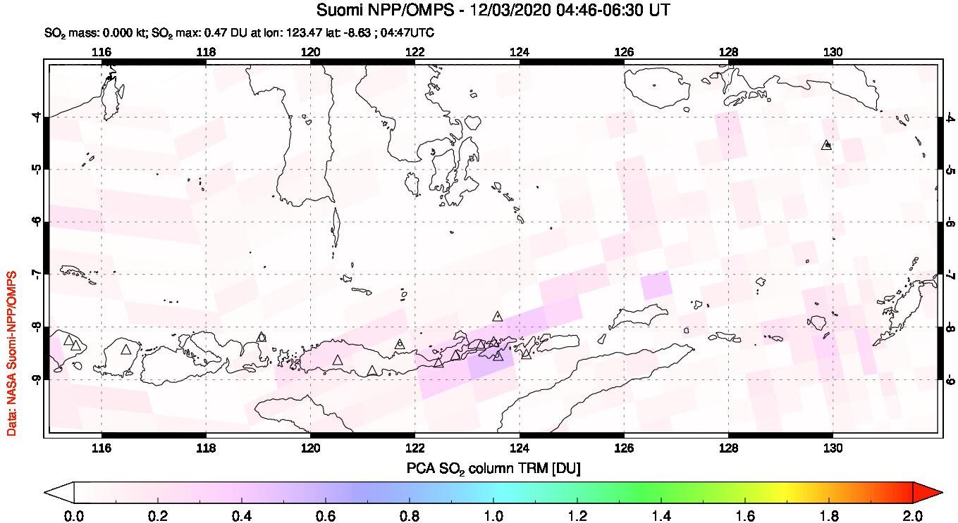 A sulfur dioxide image over Lesser Sunda Islands, Indonesia on Dec 03, 2020.