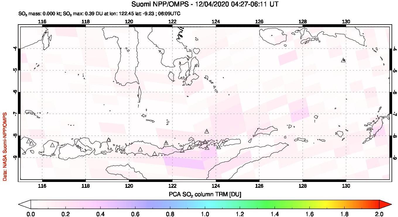 A sulfur dioxide image over Lesser Sunda Islands, Indonesia on Dec 04, 2020.
