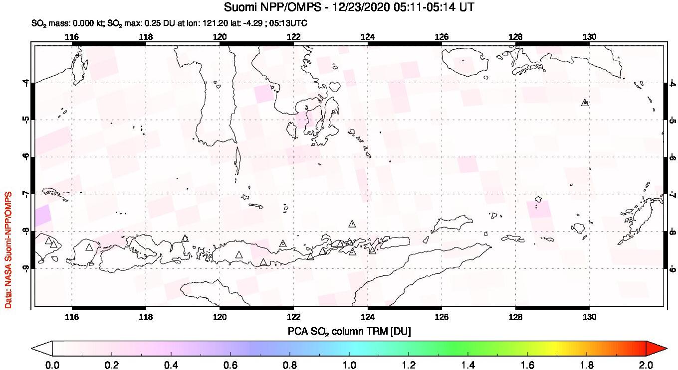 A sulfur dioxide image over Lesser Sunda Islands, Indonesia on Dec 23, 2020.