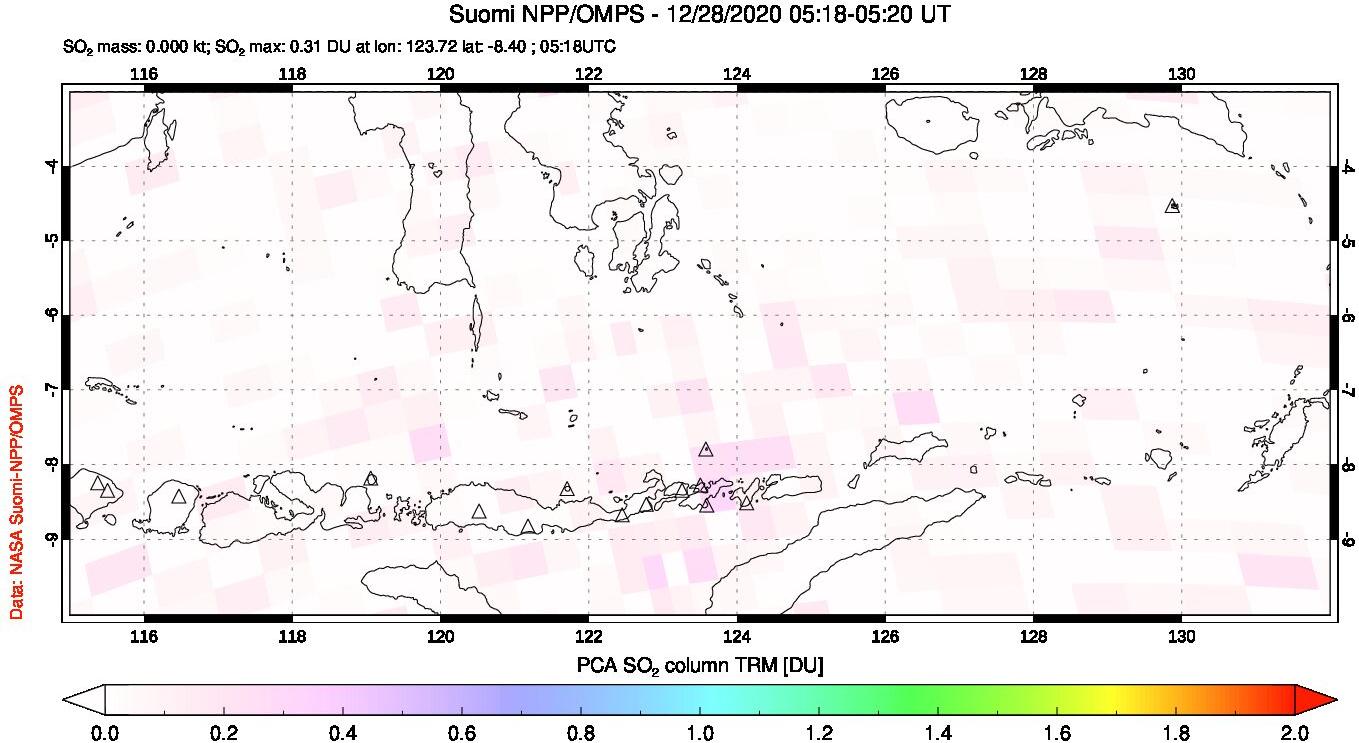 A sulfur dioxide image over Lesser Sunda Islands, Indonesia on Dec 28, 2020.