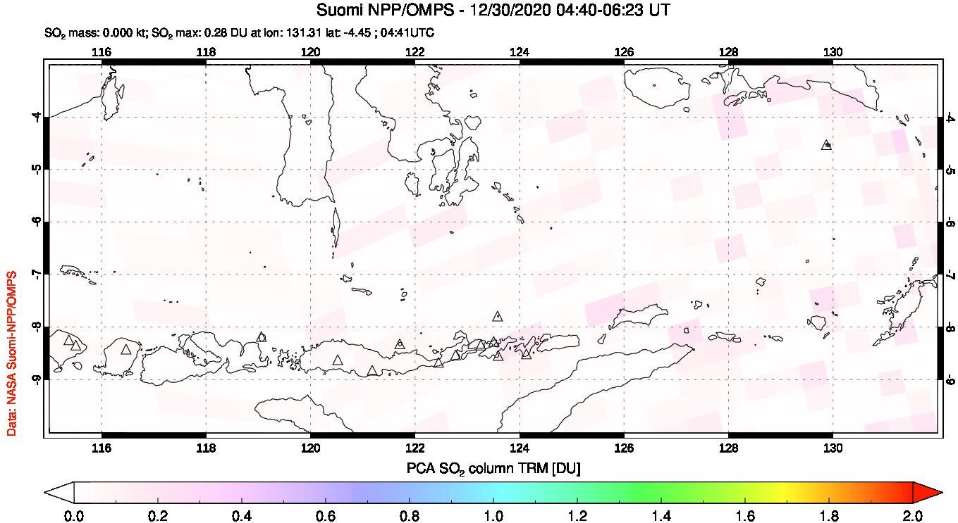A sulfur dioxide image over Lesser Sunda Islands, Indonesia on Dec 30, 2020.