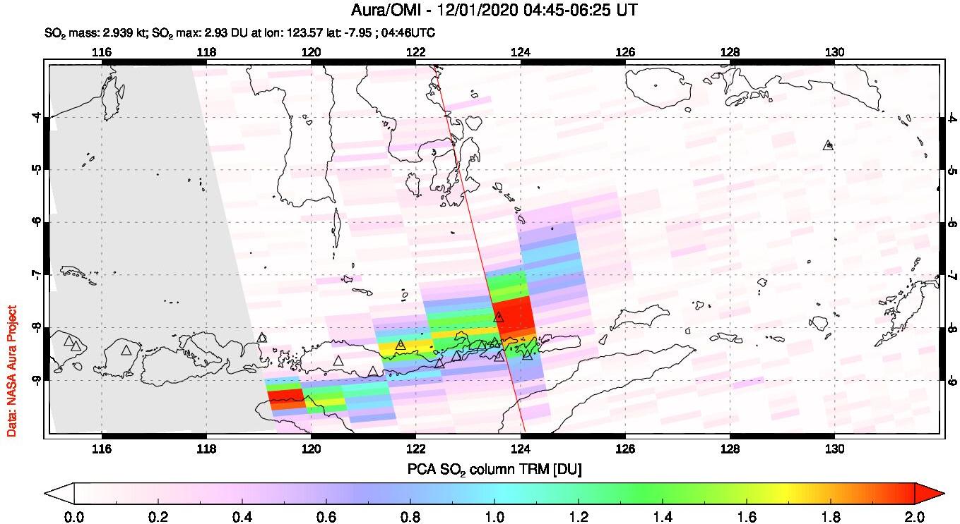 A sulfur dioxide image over Lesser Sunda Islands, Indonesia on Dec 01, 2020.