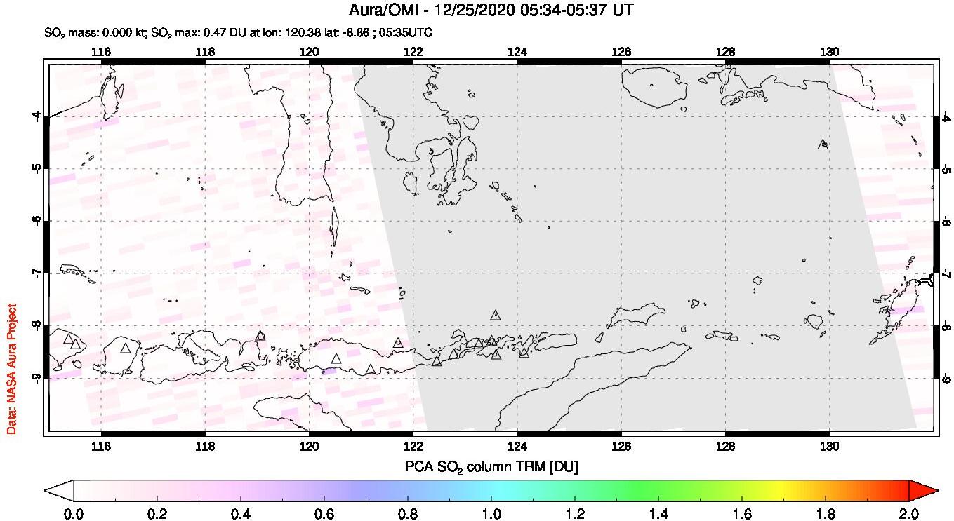 A sulfur dioxide image over Lesser Sunda Islands, Indonesia on Dec 25, 2020.