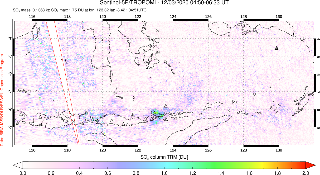 A sulfur dioxide image over Lesser Sunda Islands, Indonesia on Dec 03, 2020.