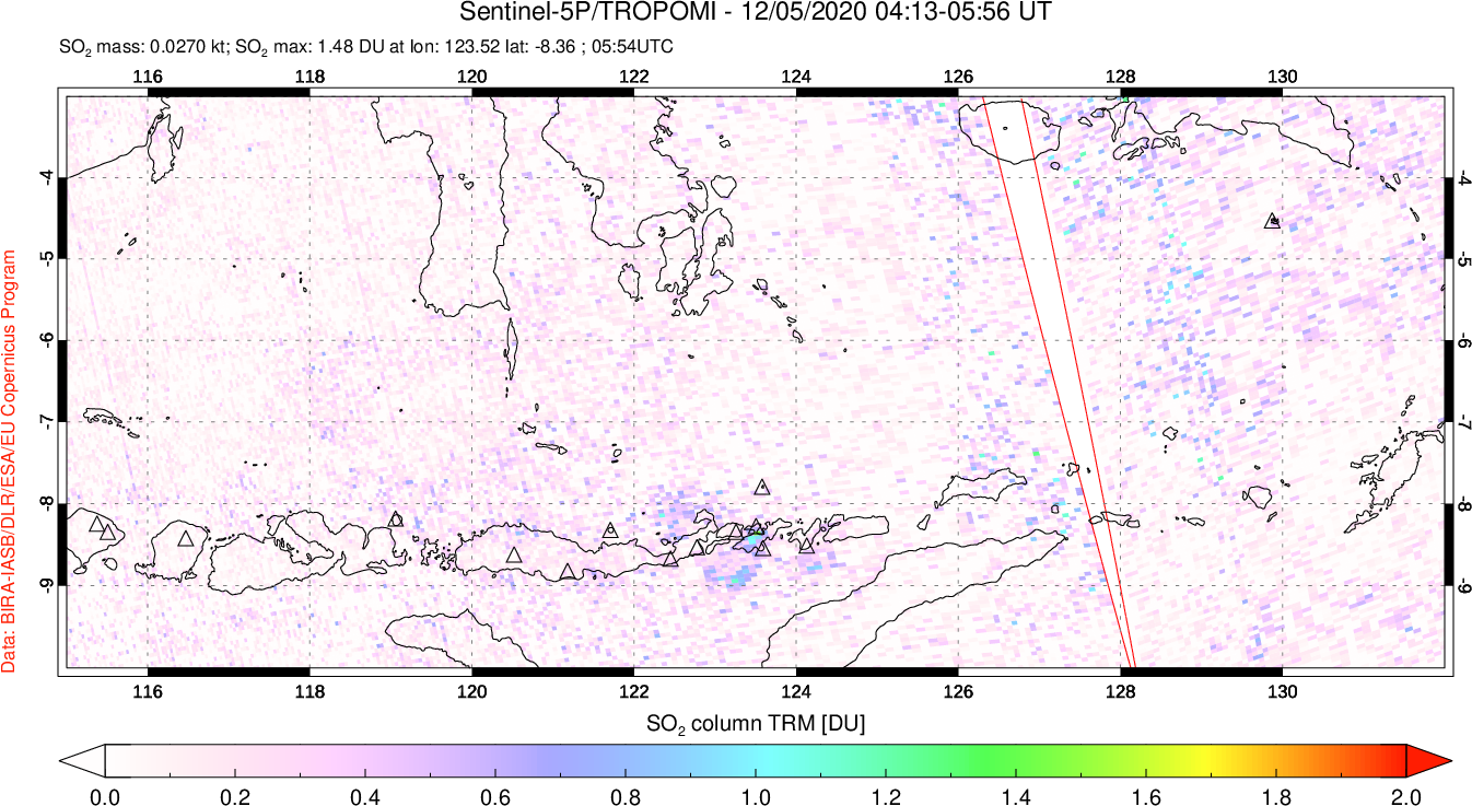 A sulfur dioxide image over Lesser Sunda Islands, Indonesia on Dec 05, 2020.