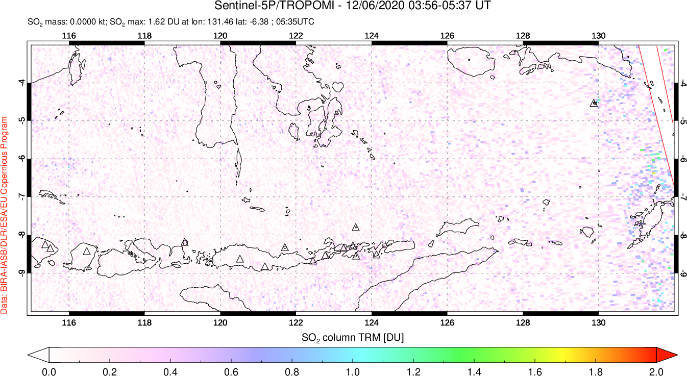 A sulfur dioxide image over Lesser Sunda Islands, Indonesia on Dec 06, 2020.