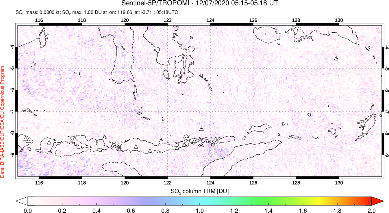 A sulfur dioxide image over Lesser Sunda Islands, Indonesia on Dec 07, 2020.