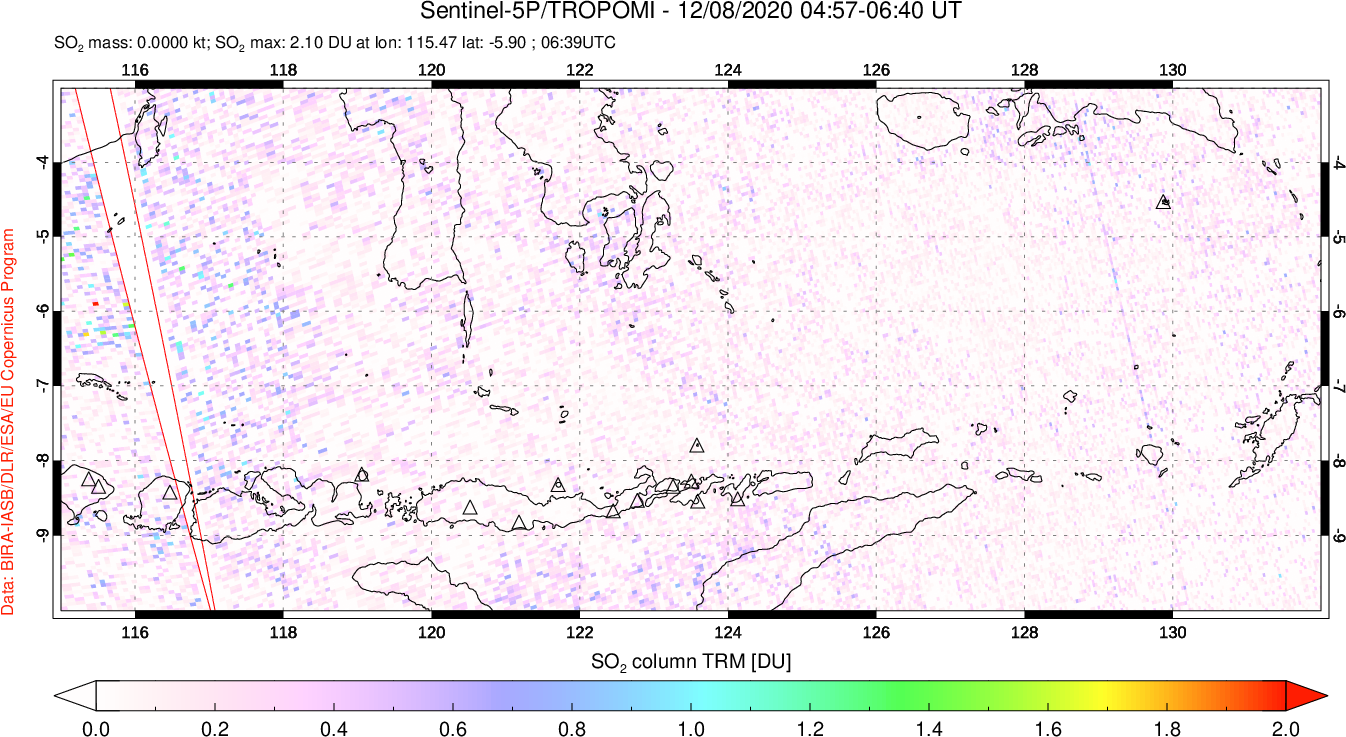 A sulfur dioxide image over Lesser Sunda Islands, Indonesia on Dec 08, 2020.