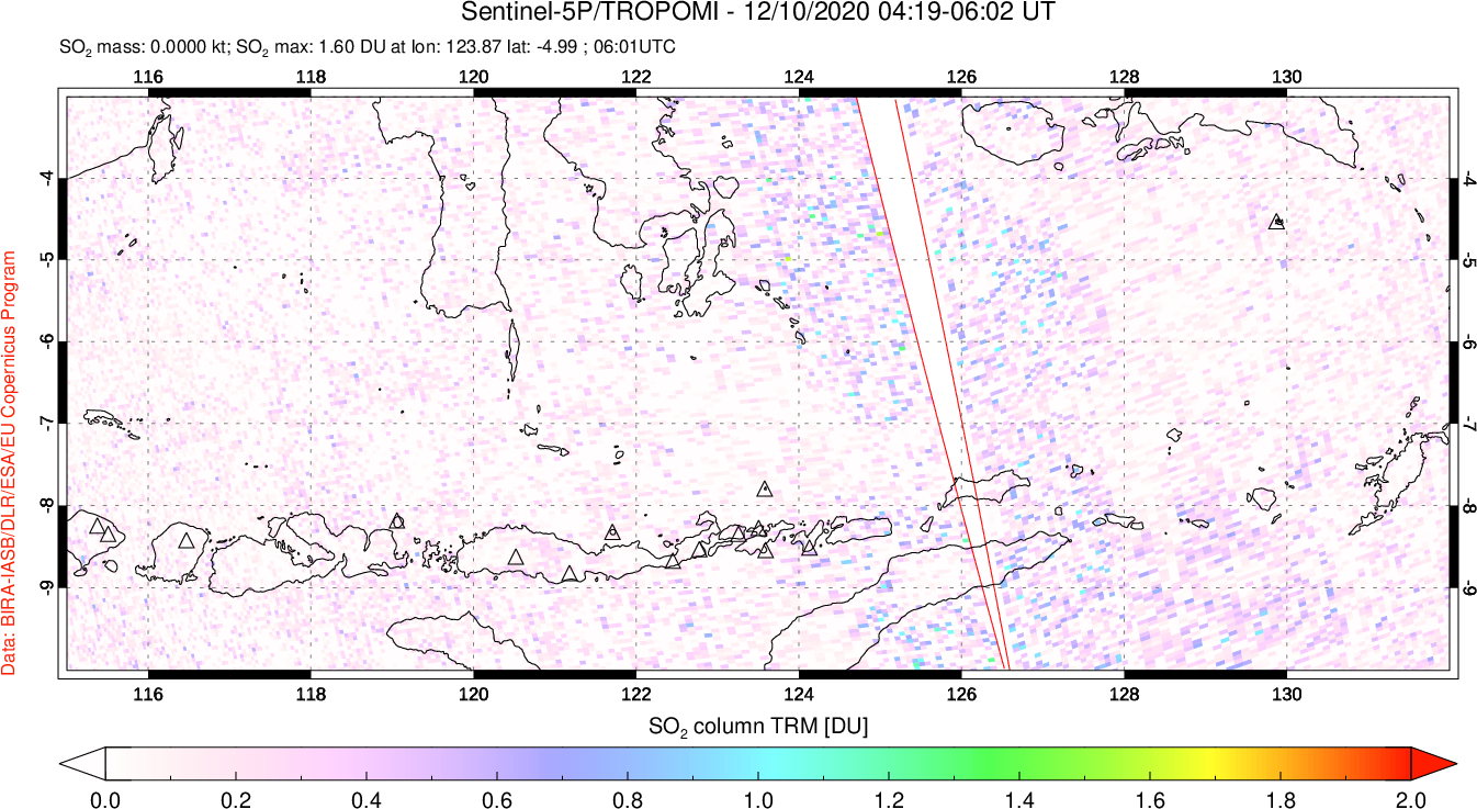 A sulfur dioxide image over Lesser Sunda Islands, Indonesia on Dec 10, 2020.