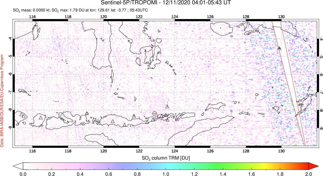 A sulfur dioxide image over Lesser Sunda Islands, Indonesia on Dec 11, 2020.