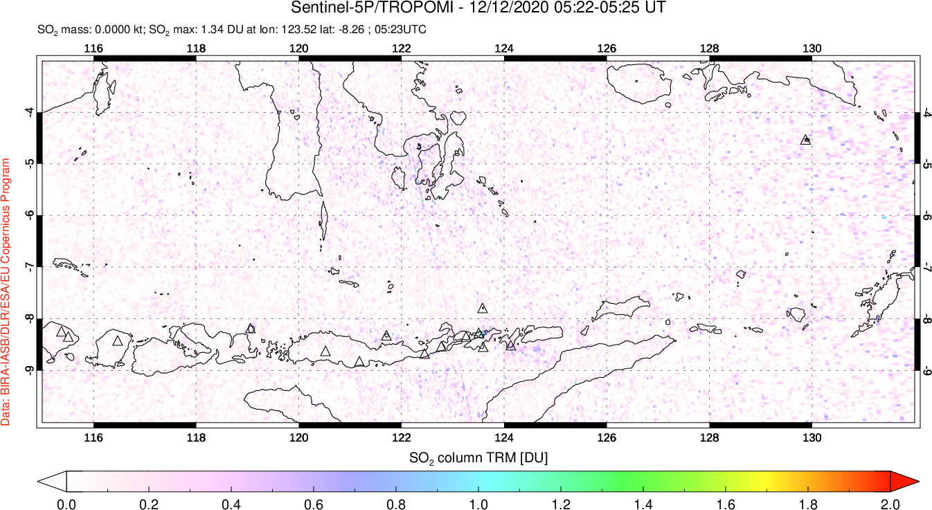 A sulfur dioxide image over Lesser Sunda Islands, Indonesia on Dec 12, 2020.
