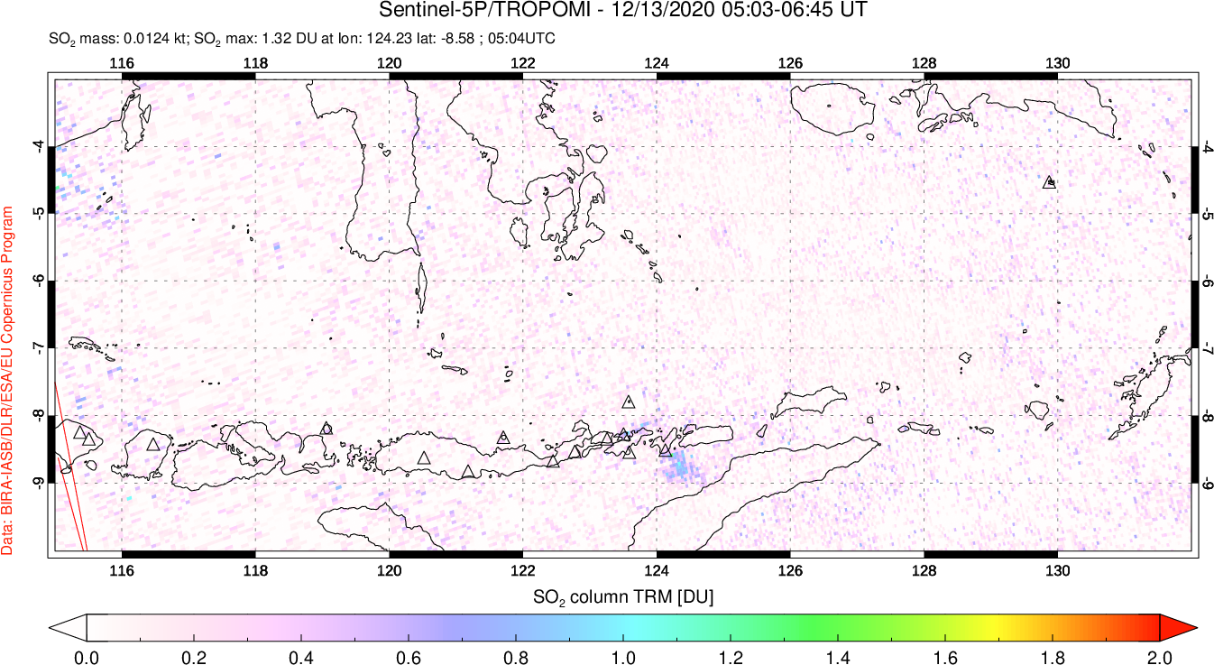 A sulfur dioxide image over Lesser Sunda Islands, Indonesia on Dec 13, 2020.