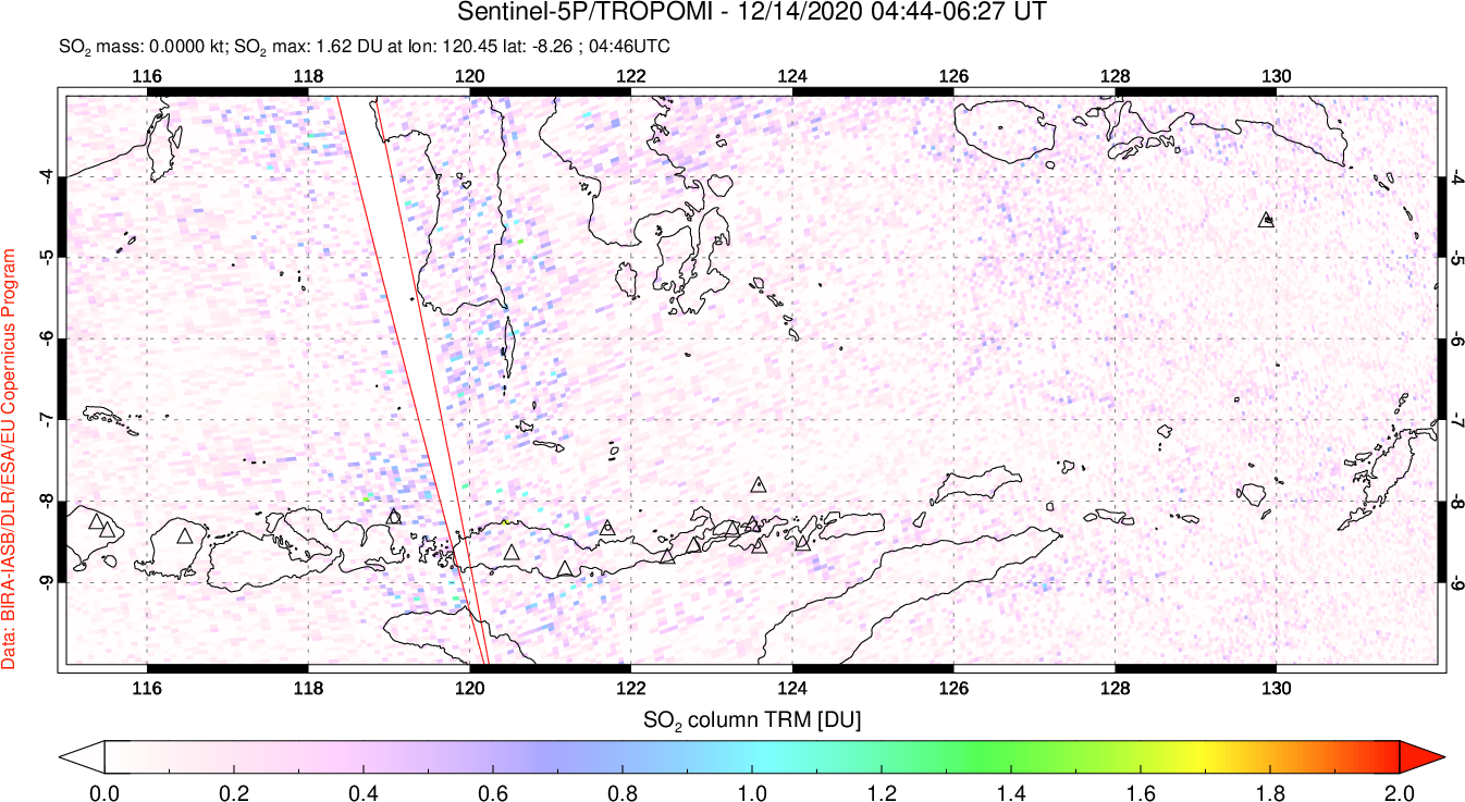 A sulfur dioxide image over Lesser Sunda Islands, Indonesia on Dec 14, 2020.