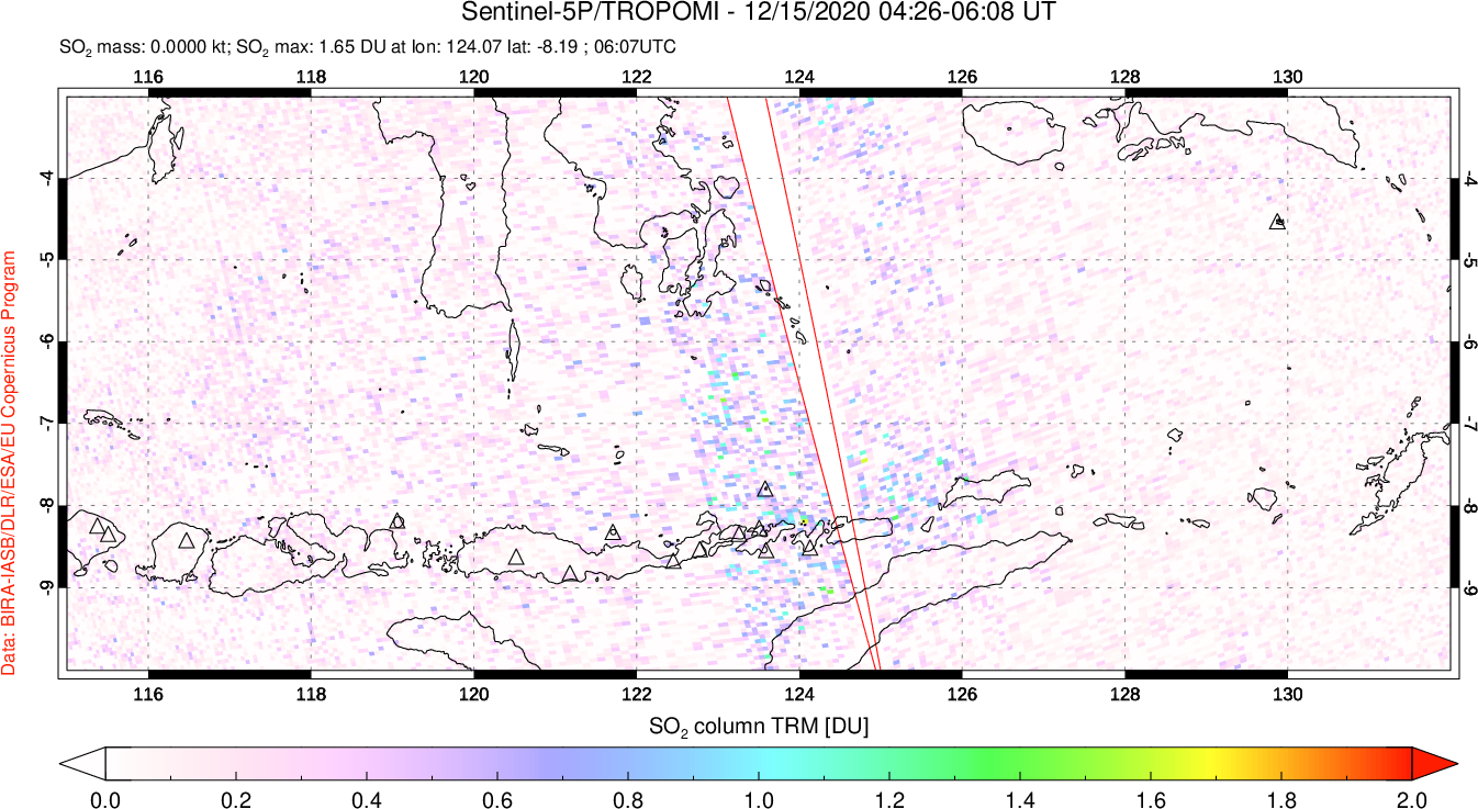 A sulfur dioxide image over Lesser Sunda Islands, Indonesia on Dec 15, 2020.